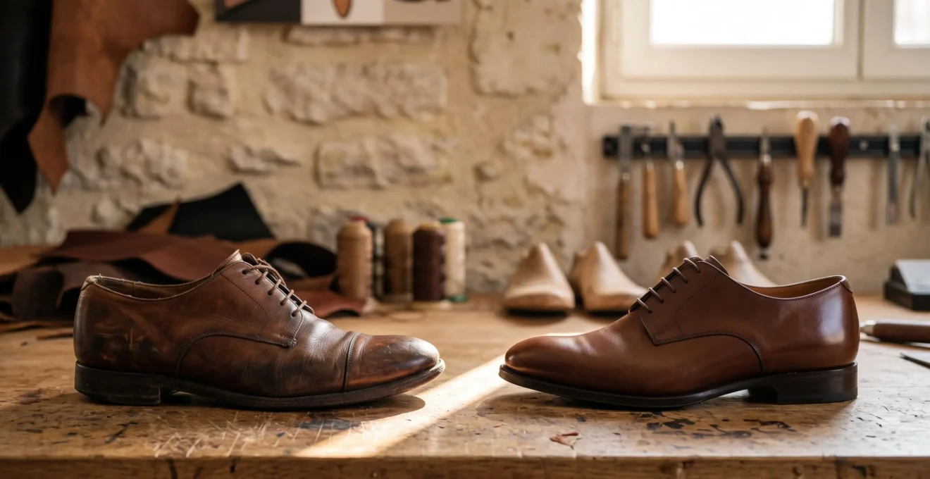 Deux paires de chaussures en cuir mises en miroir, l'une artisanale patinée et l'autre neuve et lisse, illustrant la question du juste prix