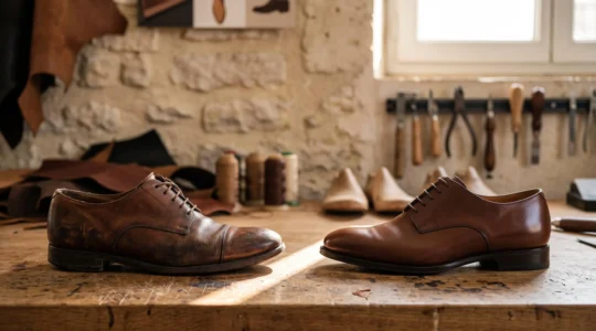Deux paires de chaussures en cuir mises en miroir, l'une artisanale patinée et l'autre neuve et lisse, illustrant la question du juste prix