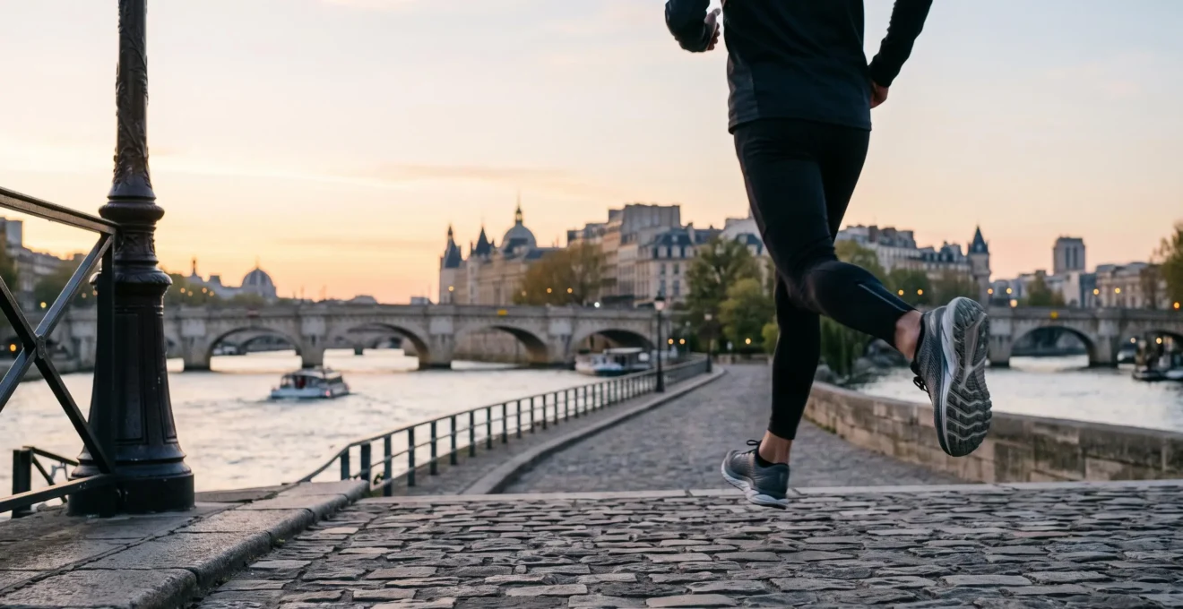 Chaussure de running hybride associant amorti epais et plaque de propulsion, photographiee sur un pont parisien au lever du jour