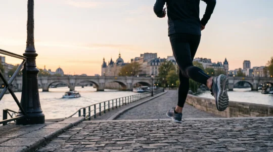 Chaussure de running hybride associant amorti epais et plaque de propulsion, photographiee sur un pont parisien au lever du jour