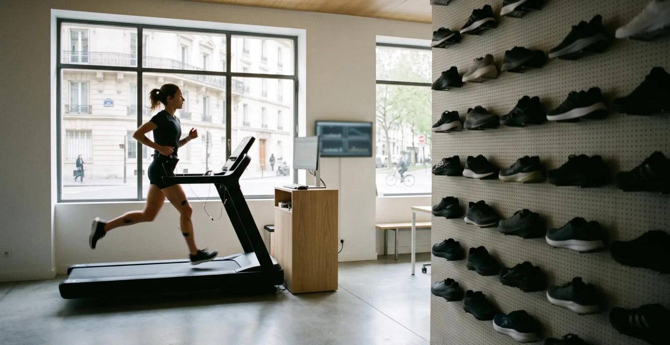 Analyse de foulée sur tapis de course dans un cabinet de podologie du sport en France, avec un mur de chaussures de running