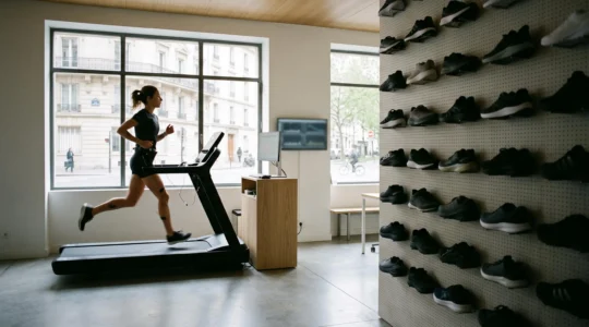 Analyse de foulée sur tapis de course dans un cabinet de podologie du sport en France, avec un mur de chaussures de running