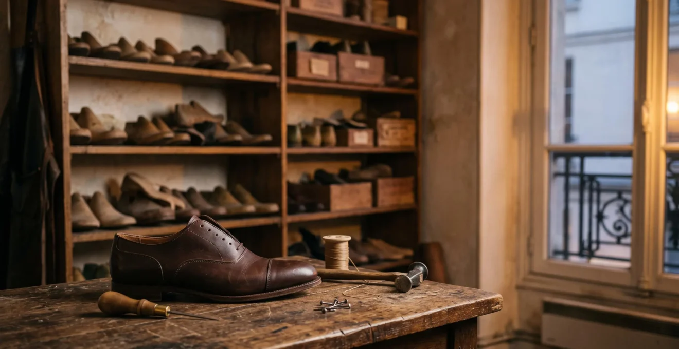 Un atelier de bottier parisien traditionnel avec des formes en bois et des cuirs patinés, symbole du savoir-faire au-delà des marques commerciales