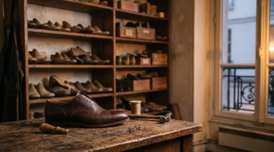 Un atelier de bottier parisien traditionnel avec des formes en bois et des cuirs patinés, symbole du savoir-faire au-delà des marques commerciales