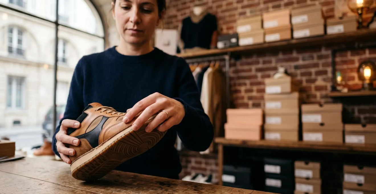 Expert examinant attentivement une paire de sneakers dans une boutique parisienne pour en vérifier l'authenticité