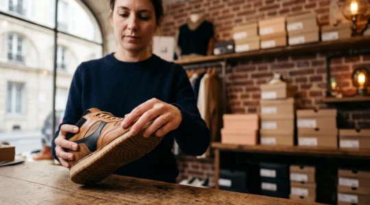 Expert examinant attentivement une paire de sneakers dans une boutique parisienne pour en vérifier l'authenticité