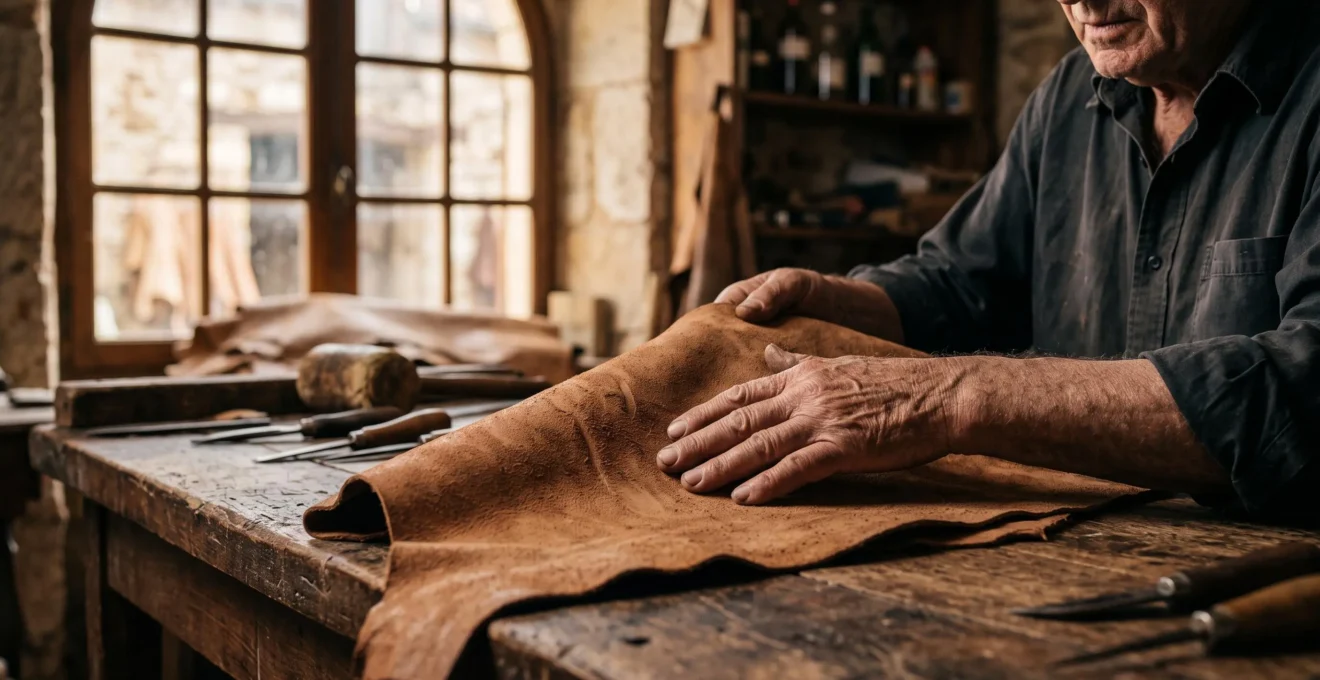 Gros plan artisanal sur une peau de cuir pleine fleur examinée à la main dans un atelier français, lumière naturelle et texture visible