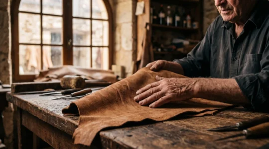 Gros plan artisanal sur une peau de cuir pleine fleur examinée à la main dans un atelier français, lumière naturelle et texture visible