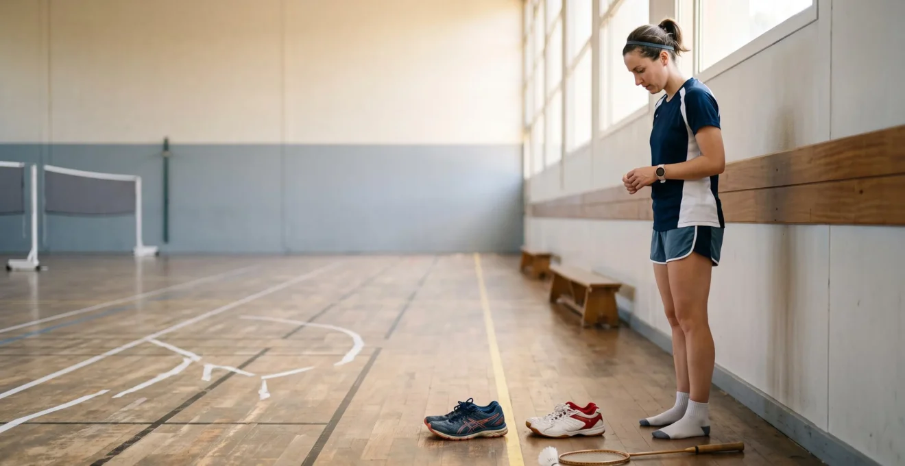 Joueur de badminton amateur hésitant entre une chaussure de running et une chaussure de badminton au bord d'un terrain de gymnase français