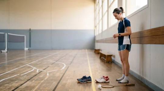 Joueur de badminton amateur hésitant entre une chaussure de running et une chaussure de badminton au bord d'un terrain de gymnase français