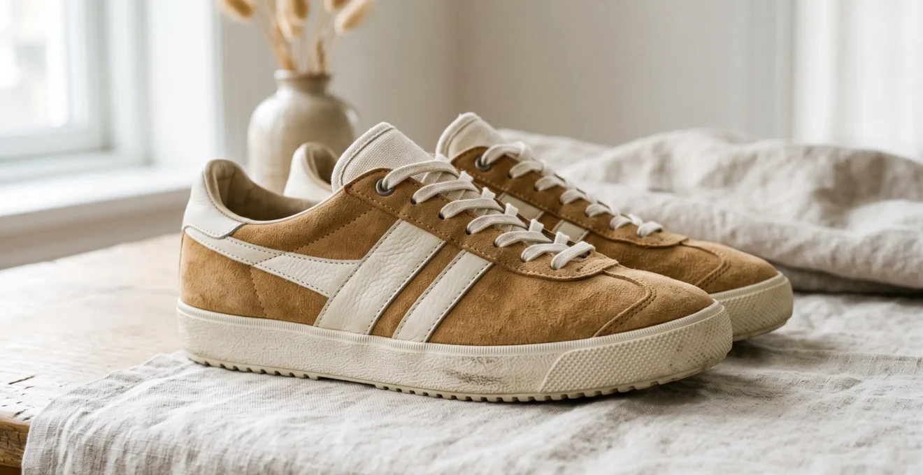 Paire de baskets vintage pour femme en cuir et daim, présentée sur surface naturelle avec lumière douce