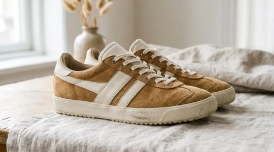 Paire de baskets vintage pour femme en cuir et daim, présentée sur surface naturelle avec lumière douce