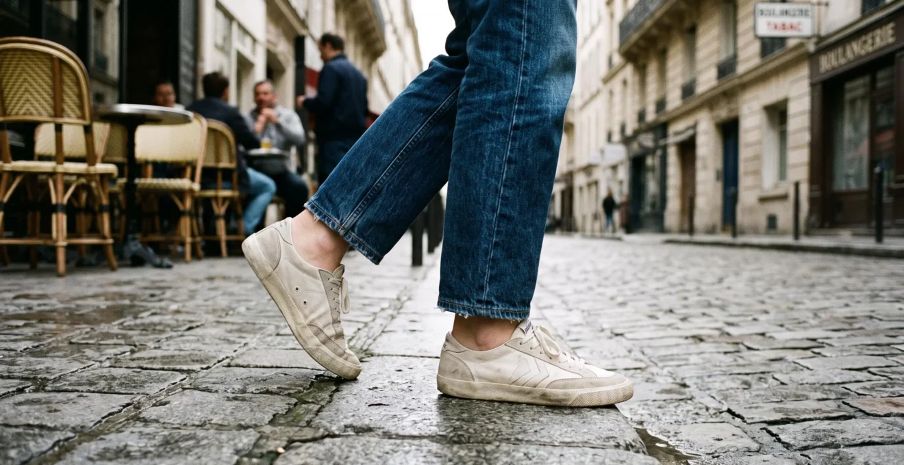 Femme portant des baskets vintage en marchant sur pavés parisiens