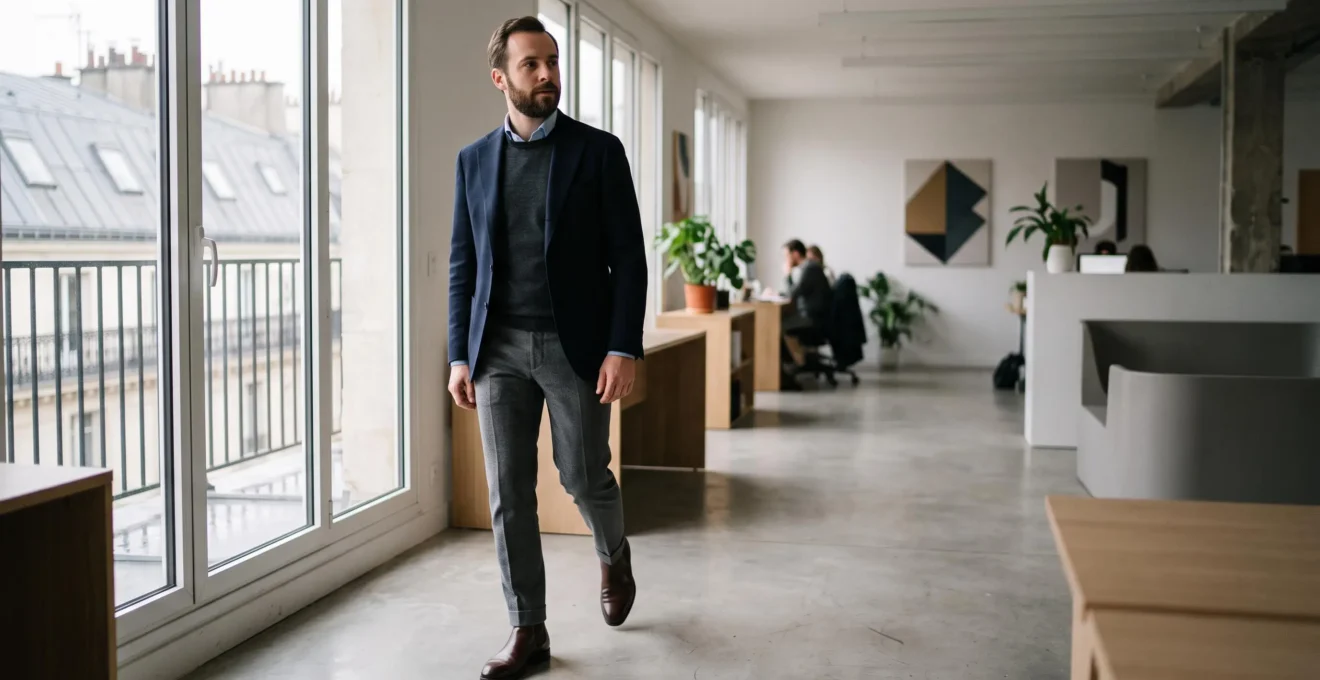Homme d'affaires portant des bottines en cuir chic dans un couloir de bureau parisien au style haussmannien