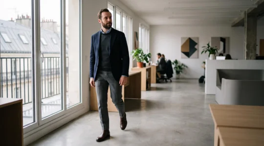 Homme d'affaires portant des bottines en cuir chic dans un couloir de bureau parisien au style haussmannien