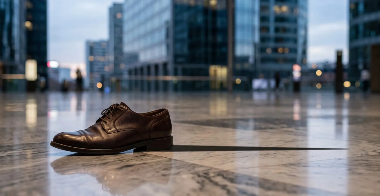 Chaussure de ville en cuir posée sur un sol de bureau moderne, symbole de l'endurance professionnelle sur une journée de huit heures debout