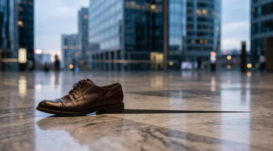 Chaussure de ville en cuir posée sur un sol de bureau moderne, symbole de l'endurance professionnelle sur une journée de huit heures debout