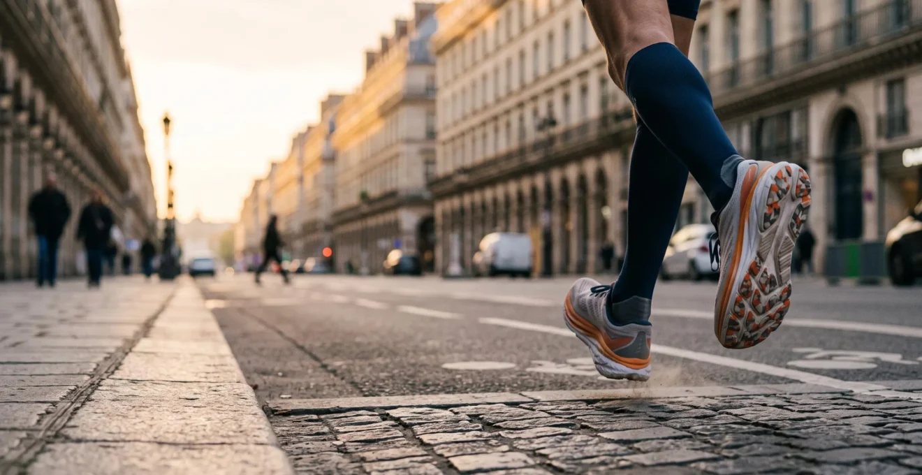 Gros plan artistique sur une chaussure de running technique en pleine foulée, capturant l'énergie du mouvement dans un cadre urbain français