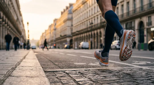 Gros plan artistique sur une chaussure de running technique en pleine foulée, capturant l'énergie du mouvement dans un cadre urbain français