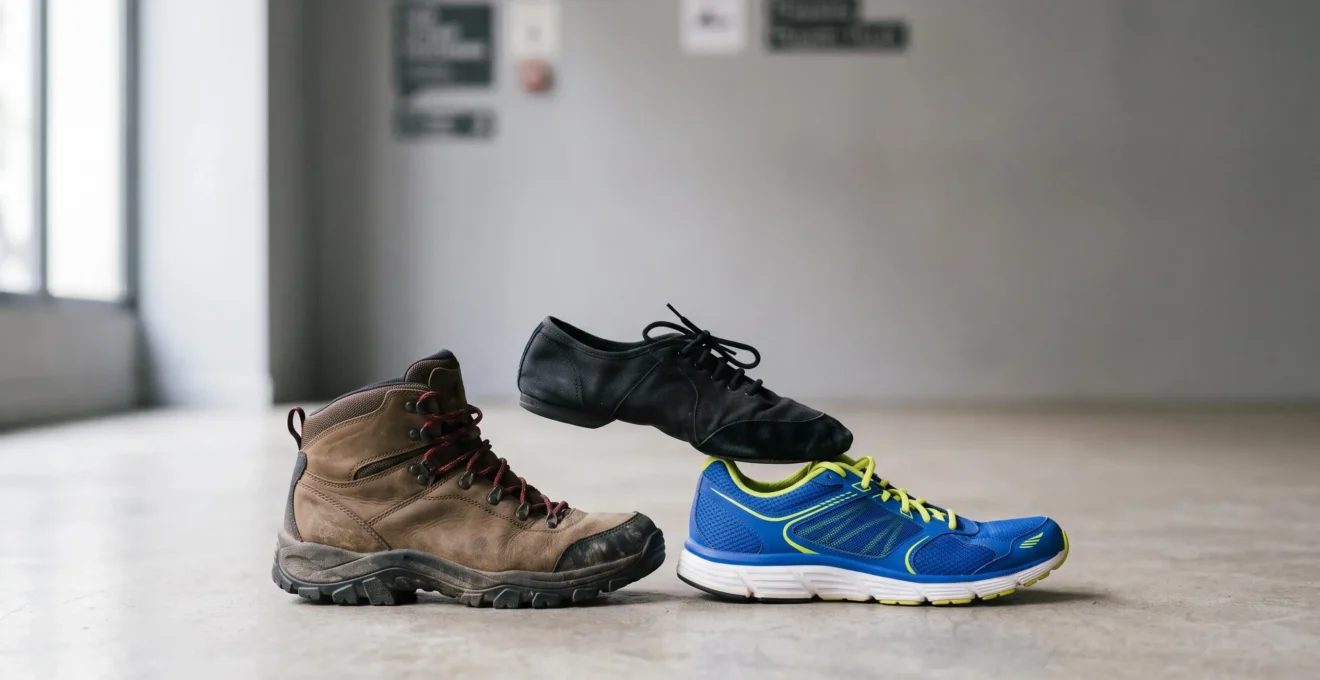 Trois paires de chaussures de sport differentes - course, randonnee et danse - disposees cote a cote mettant en valeur leurs semelles distinctes