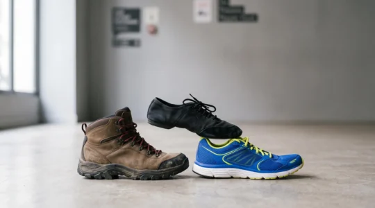 Trois paires de chaussures de sport differentes - course, randonnee et danse - disposees cote a cote mettant en valeur leurs semelles distinctes