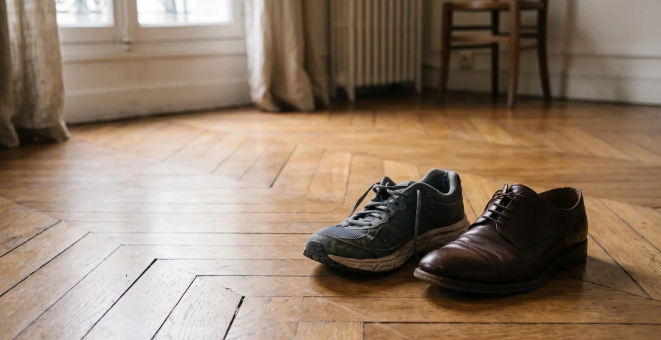 Une paire de chaussures de sport et une paire de chaussures de ville posées côte à côte au repos, symbolisant le besoin commun de récupération