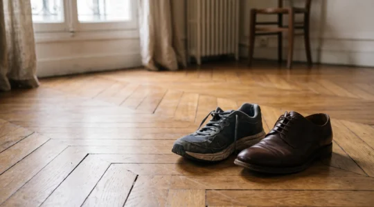 Une paire de chaussures de sport et une paire de chaussures de ville posées côte à côte au repos, symbolisant le besoin commun de récupération