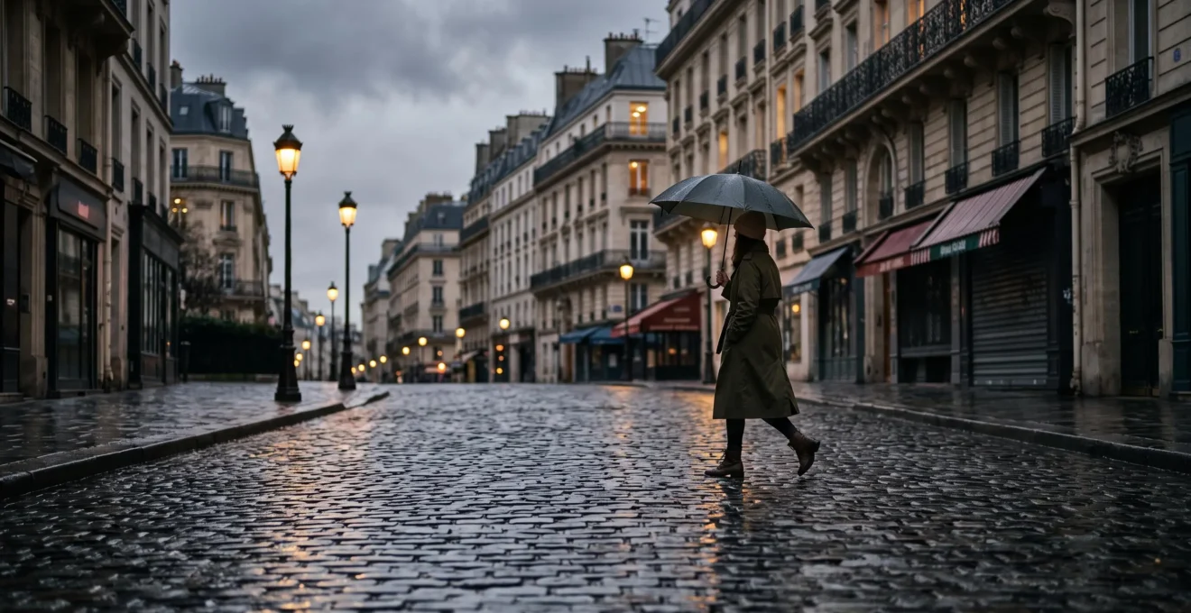 Silhouette d'un citadin traversant une rue pavée parisienne sous une pluie battante, reflets lumineux au sol