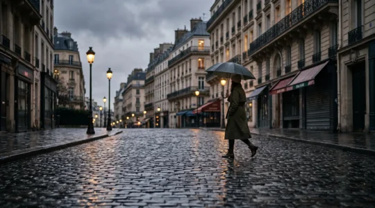 Silhouette d'un citadin traversant une rue pavée parisienne sous une pluie battante, reflets lumineux au sol