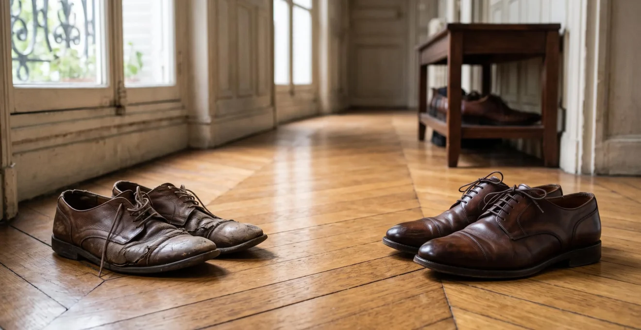 Deux paires de chaussures en cuir posées côte à côte, l'une usée et craquelée, l'autre patinée avec élégance, symbolisant le choix entre achat économique et investissement durable