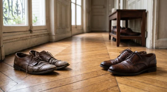 Deux paires de chaussures en cuir posées côte à côte, l'une usée et craquelée, l'autre patinée avec élégance, symbolisant le choix entre achat économique et investissement durable