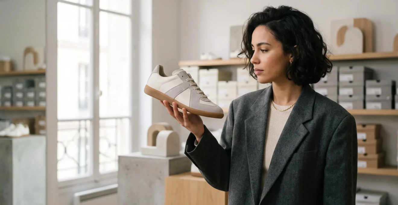 Jeune styliste parisien examinant une paire de sneakers rare dans un concept-store minimaliste, symbolisant la détection précoce des tendances