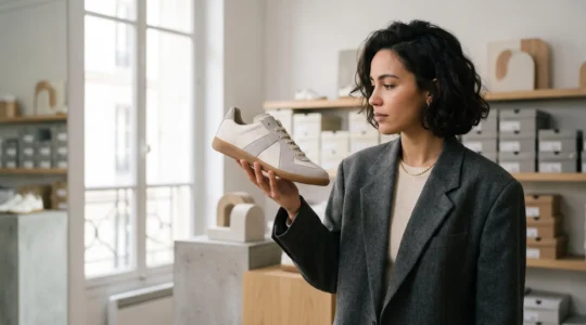 Jeune styliste parisien examinant une paire de sneakers rare dans un concept-store minimaliste, symbolisant la détection précoce des tendances