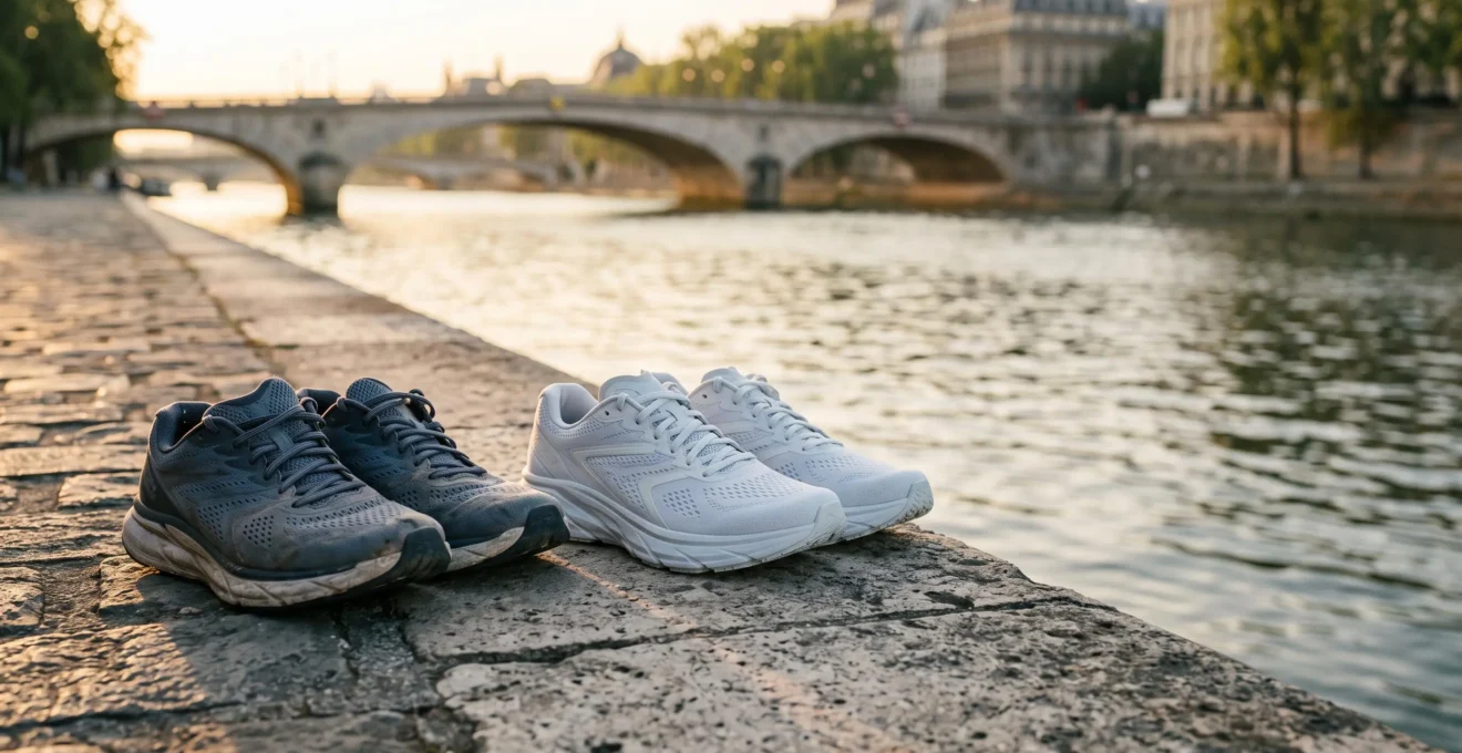 Deux paires de chaussures de running de générations différentes posées côte à côte au bord de la Seine à Paris, symbolisant le dilemme entre acheter maintenant ou attendre la prochaine innovation