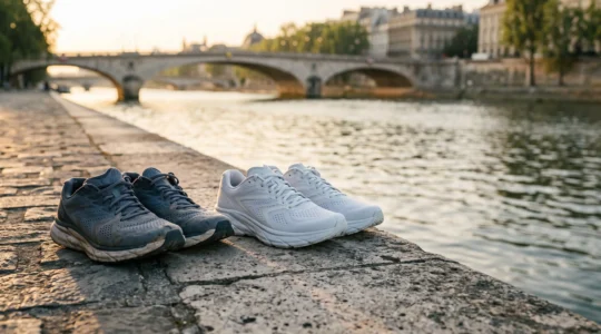Deux paires de chaussures de running de générations différentes posées côte à côte au bord de la Seine à Paris, symbolisant le dilemme entre acheter maintenant ou attendre la prochaine innovation