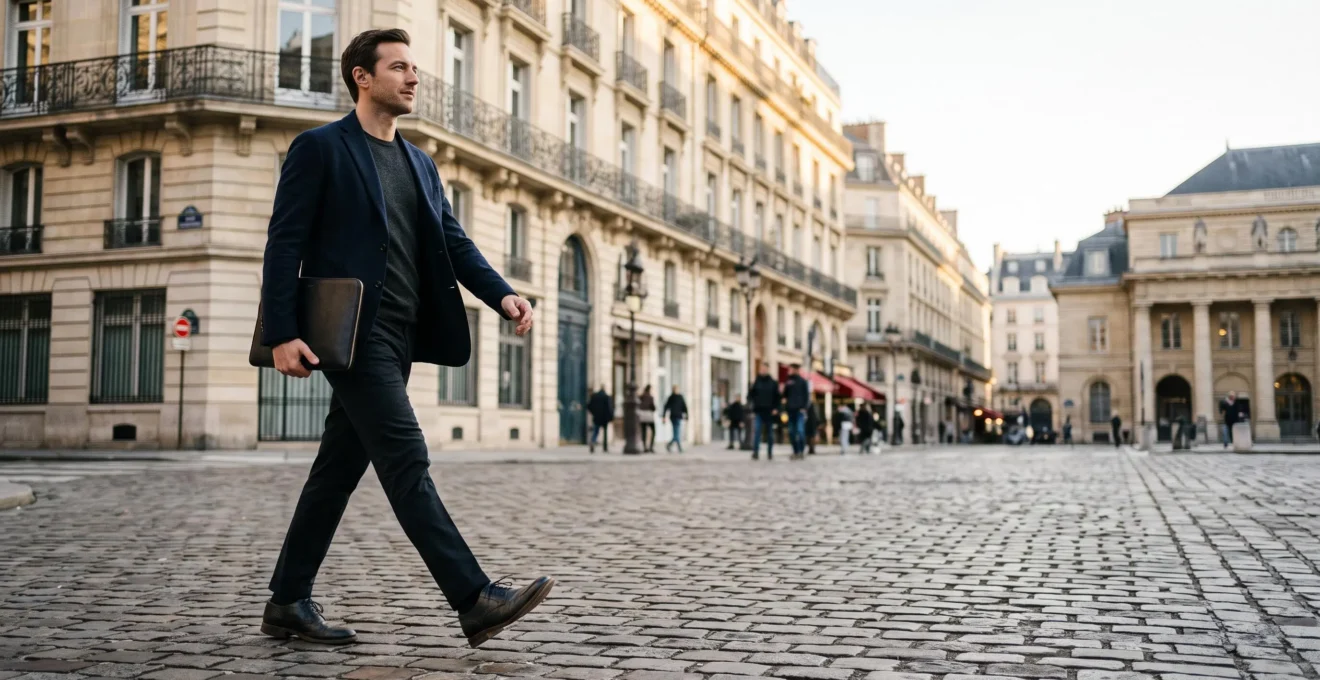 Silhouette élégante en costume traversant une rue pavée parisienne, incarnant l'équilibre entre style et confort tout au long de la journée