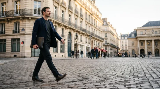 Silhouette élégante en costume traversant une rue pavée parisienne, incarnant l'équilibre entre style et confort tout au long de la journée