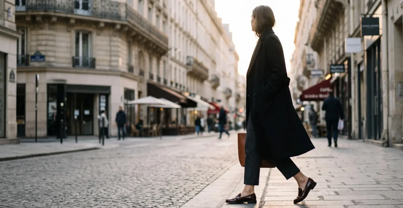 Silhouette élégante marchant dans une rue parisienne, incarnant une garde-robe chaussures minimaliste