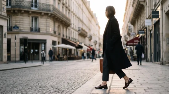 Silhouette élégante marchant dans une rue parisienne, incarnant une garde-robe chaussures minimaliste