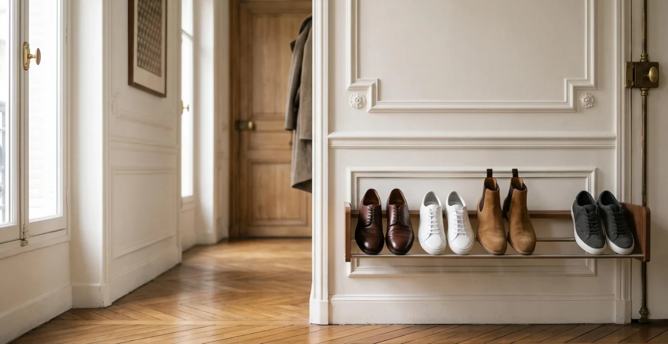 Entrée d'appartement parisien avec une étagère à chaussures épurée présentant un nombre raisonnable de paires soigneusement alignées