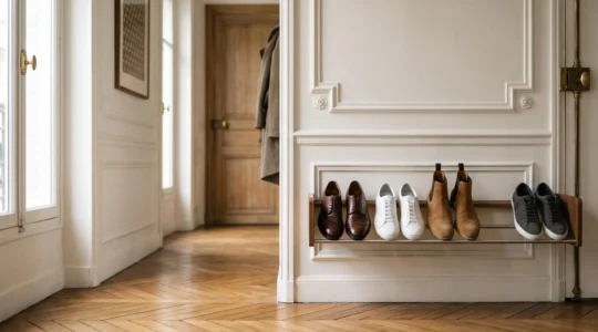 Entrée d'appartement parisien avec une étagère à chaussures épurée présentant un nombre raisonnable de paires soigneusement alignées