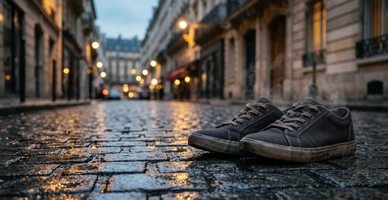 Paire de sneakers posée sur un pavé parisien humide, dégageant une légère vapeur symbolisant la chaleur et l'humidité emprisonnées par les matériaux synthétiques