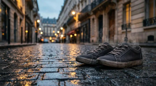Paire de sneakers posée sur un pavé parisien humide, dégageant une légère vapeur symbolisant la chaleur et l'humidité emprisonnées par les matériaux synthétiques