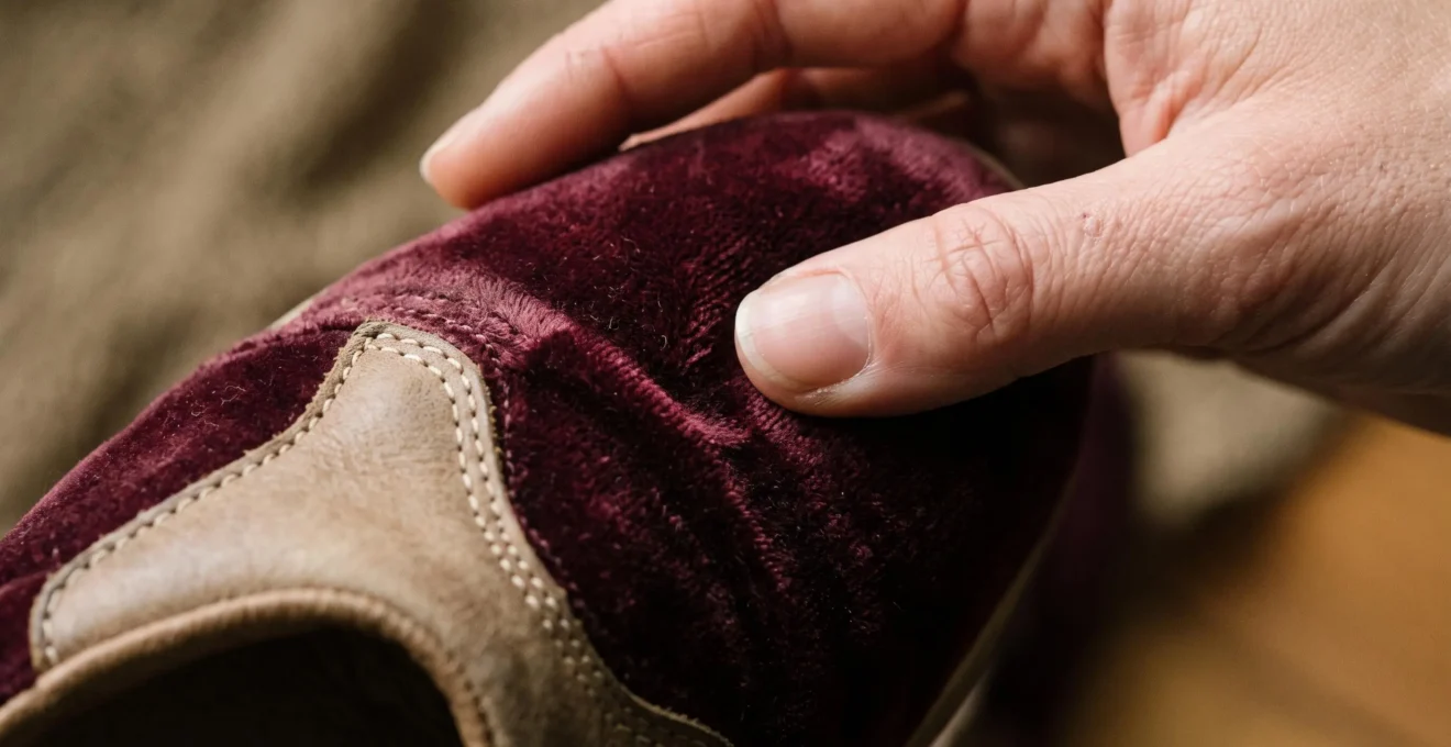 Main féminine touchant la texture du velours ou cuir d'une basket vintage