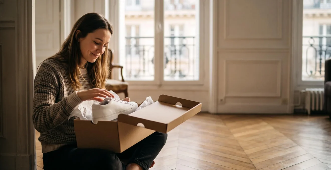 Une personne tient délicatement une boîte à chaussures ouverte dans un appartement parisien lumineux, symbolisant l'hésitation entre désir et raison avant un achat coup de cœur.