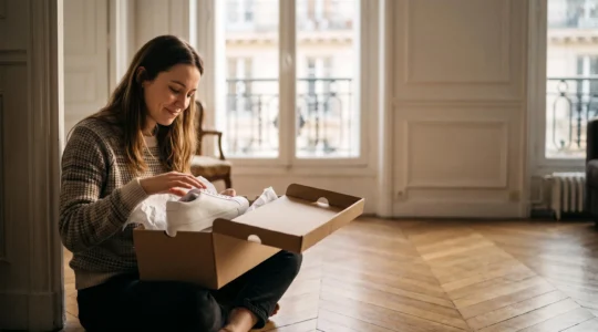 Une personne tient délicatement une boîte à chaussures ouverte dans un appartement parisien lumineux, symbolisant l'hésitation entre désir et raison avant un achat coup de cœur.