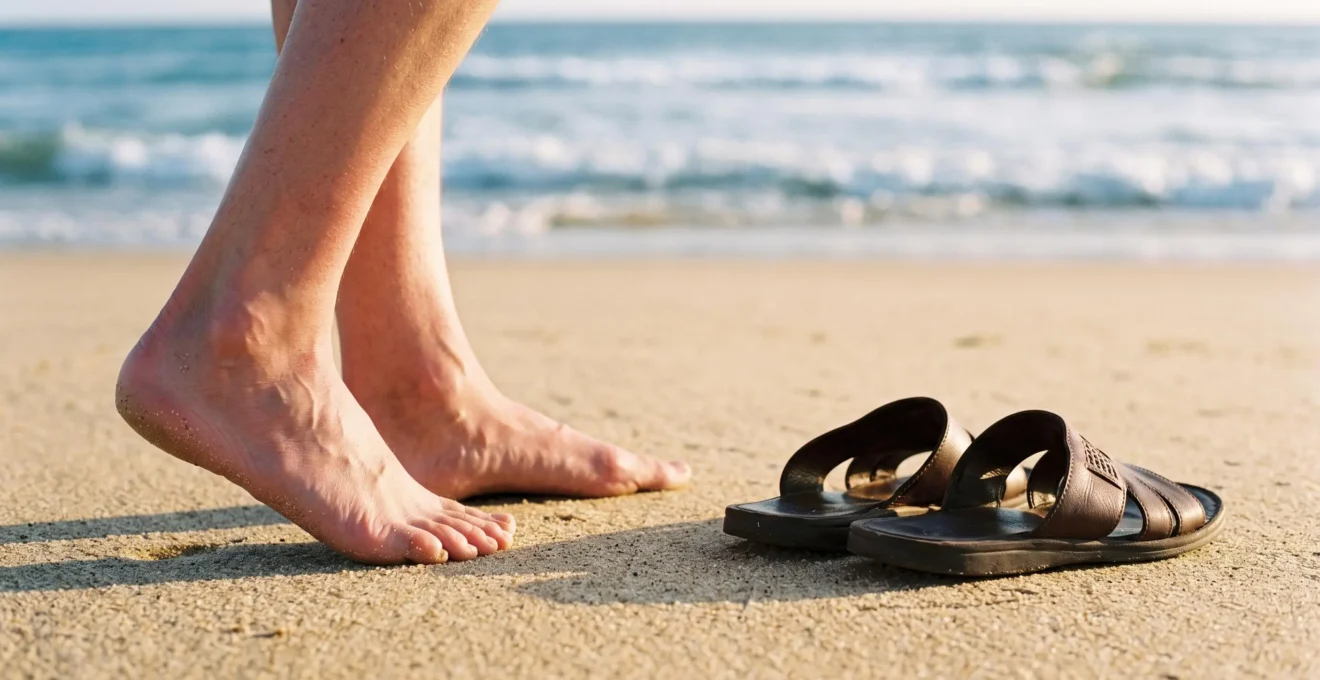Gros plan sur des pieds nus dans le sable fin d'une plage francaise, a cote d'une paire de sandales, illustrant le phenomene de gonflement des pieds a la chaleur