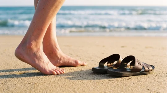 Gros plan sur des pieds nus dans le sable fin d'une plage francaise, a cote d'une paire de sandales, illustrant le phenomene de gonflement des pieds a la chaleur