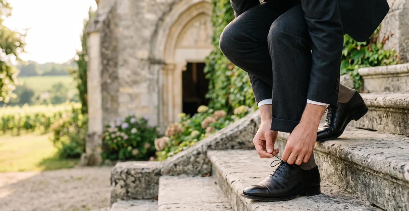 Homme elegant ajustant sa chaussure richelieu noire avant un mariage en France, symbole du choix entre richelieu et derby