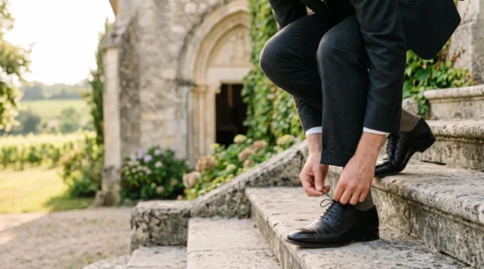 Homme elegant ajustant sa chaussure richelieu noire avant un mariage en France, symbole du choix entre richelieu et derby
